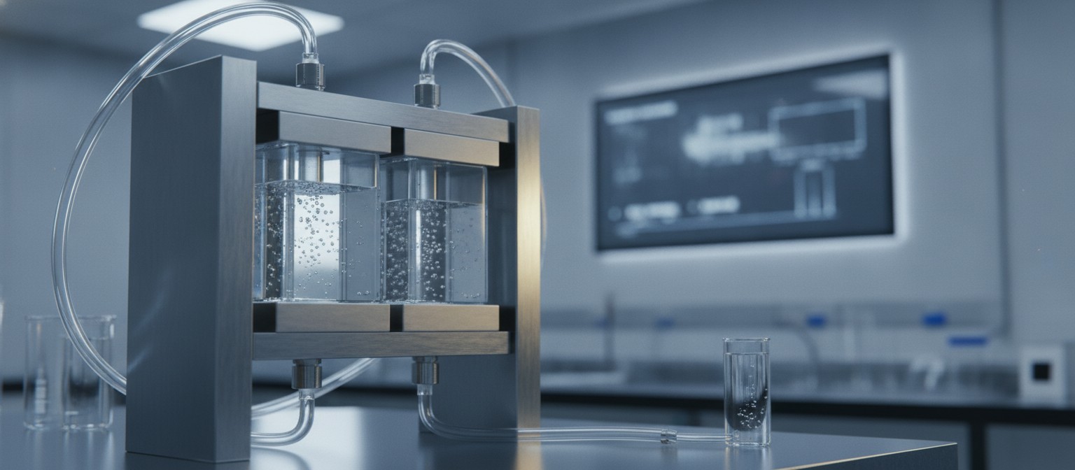 Conceptual illustration of a laboratory single-cell water electrolysis test rig with steel cell and tubing