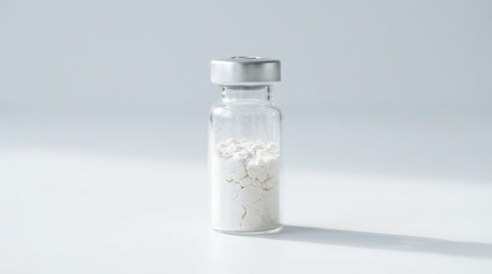 ara-290-lyophilized-peptide-vial-v2 A single glass vial of white lyophilized peptide powder on a clean laboratory bench