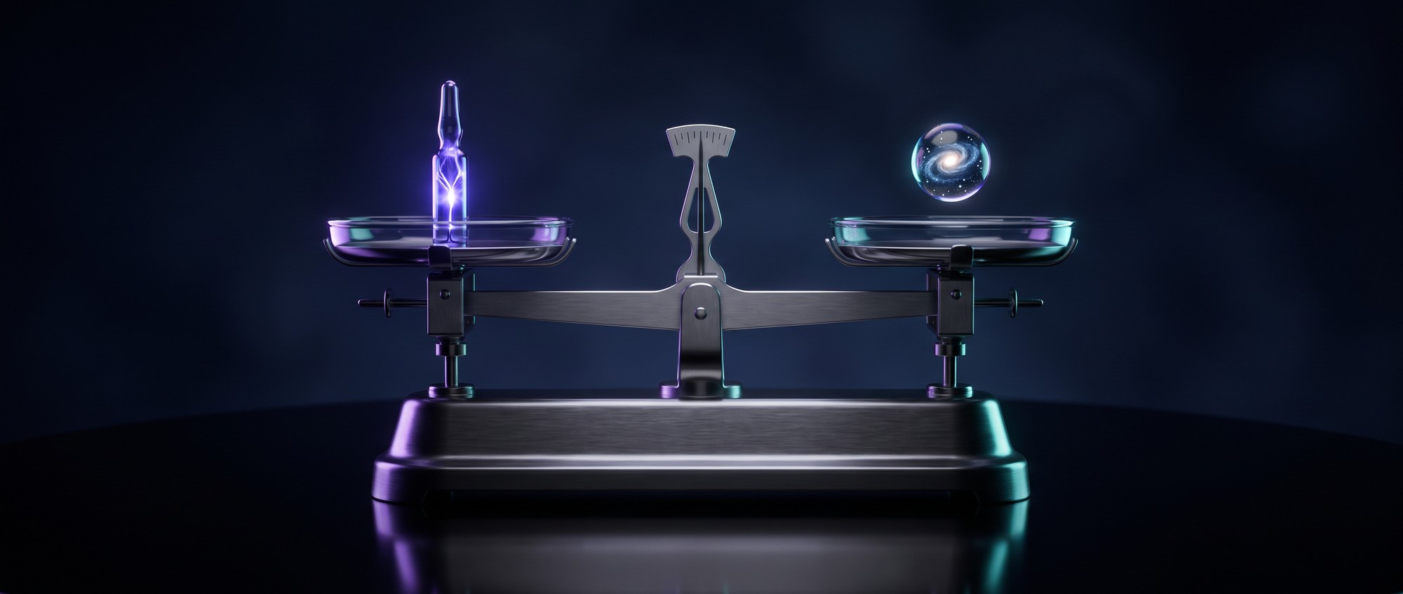 AI-generated concept: a laboratory balance scale weighing a glowing argon tube against a miniature spiral galaxy