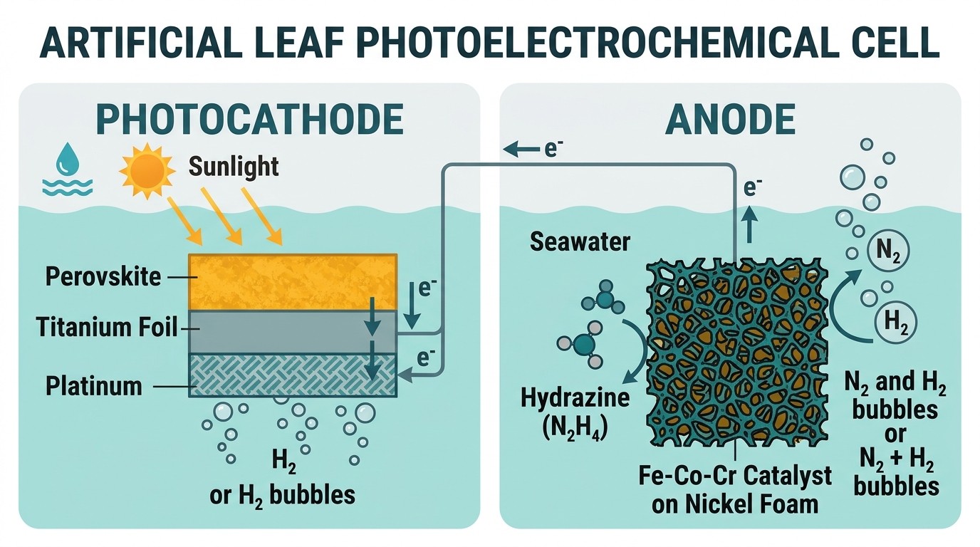 Diagram of artificial leaf mechanism showing perovskite photocathode making hydrogen and FeCoCr anode breaking hydrazine into nitrogen