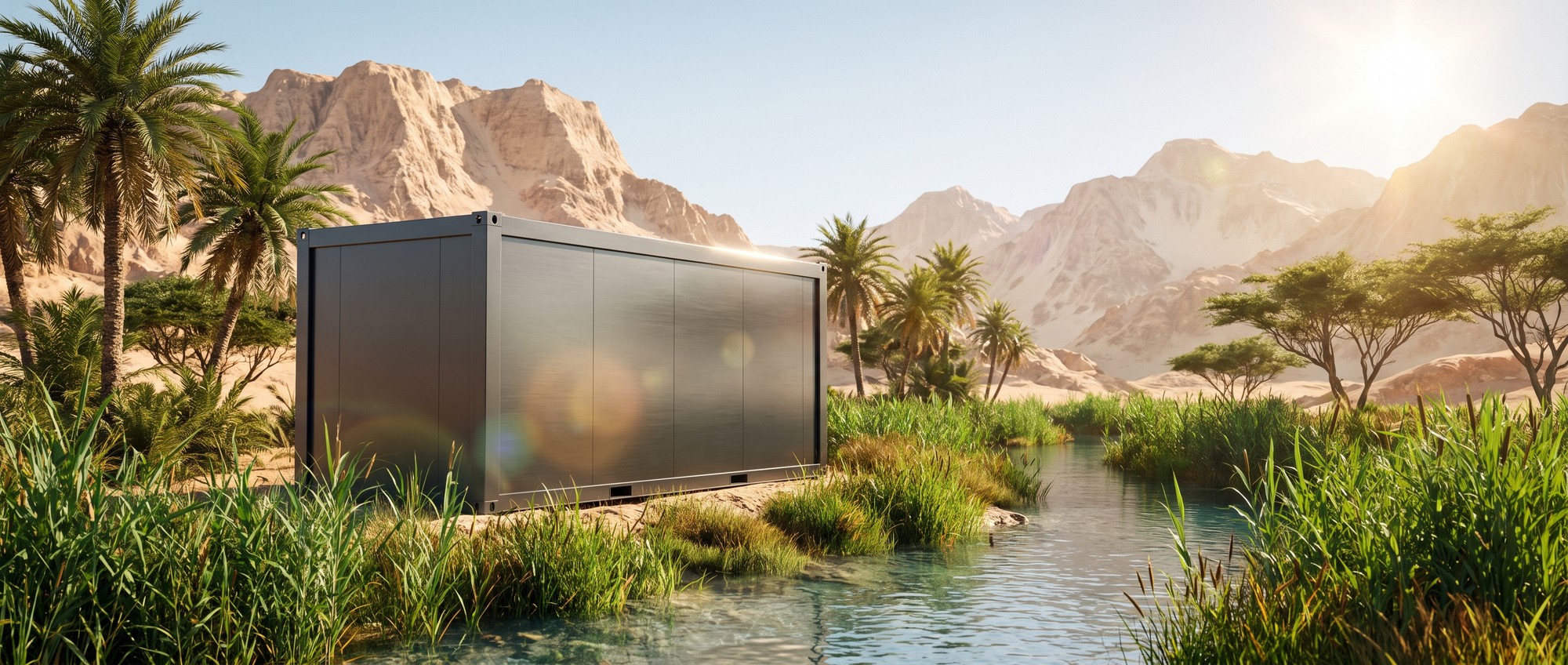 Atmospheric Water Harvesting Turns Data Center Waste Heat Into Clean Water Sleek atmospheric water harvesting unit standing in a green desert oasis beside a stream