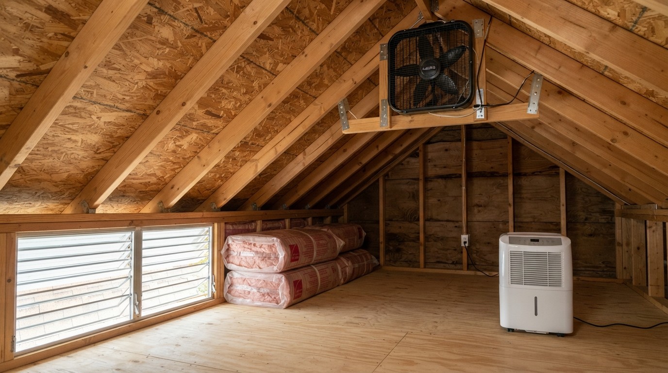 Residential attic interior with box fan, dehumidifier, and open soffit vents for post-storm drying