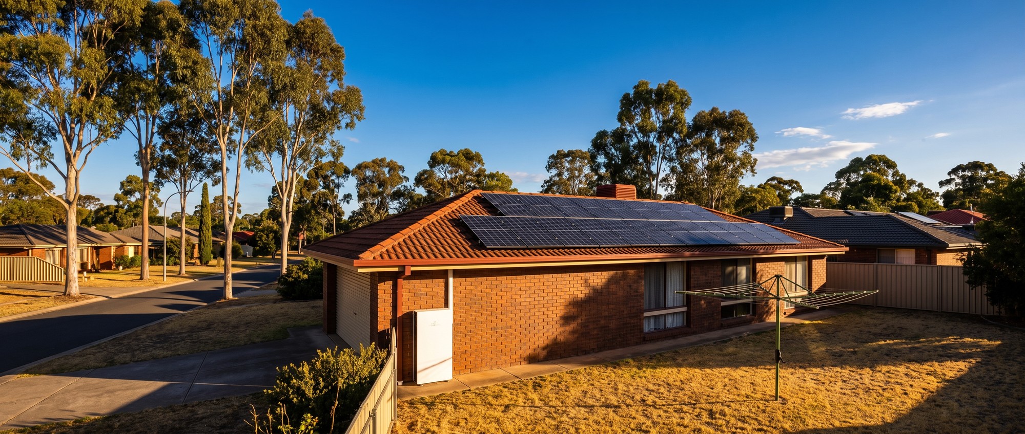 Australia Home Battery Record: 153 for Every 100 New Solar Roofs An Australian suburban home with a full rooftop solar array and a wall-mounted home battery beside the garage in late afternoon light