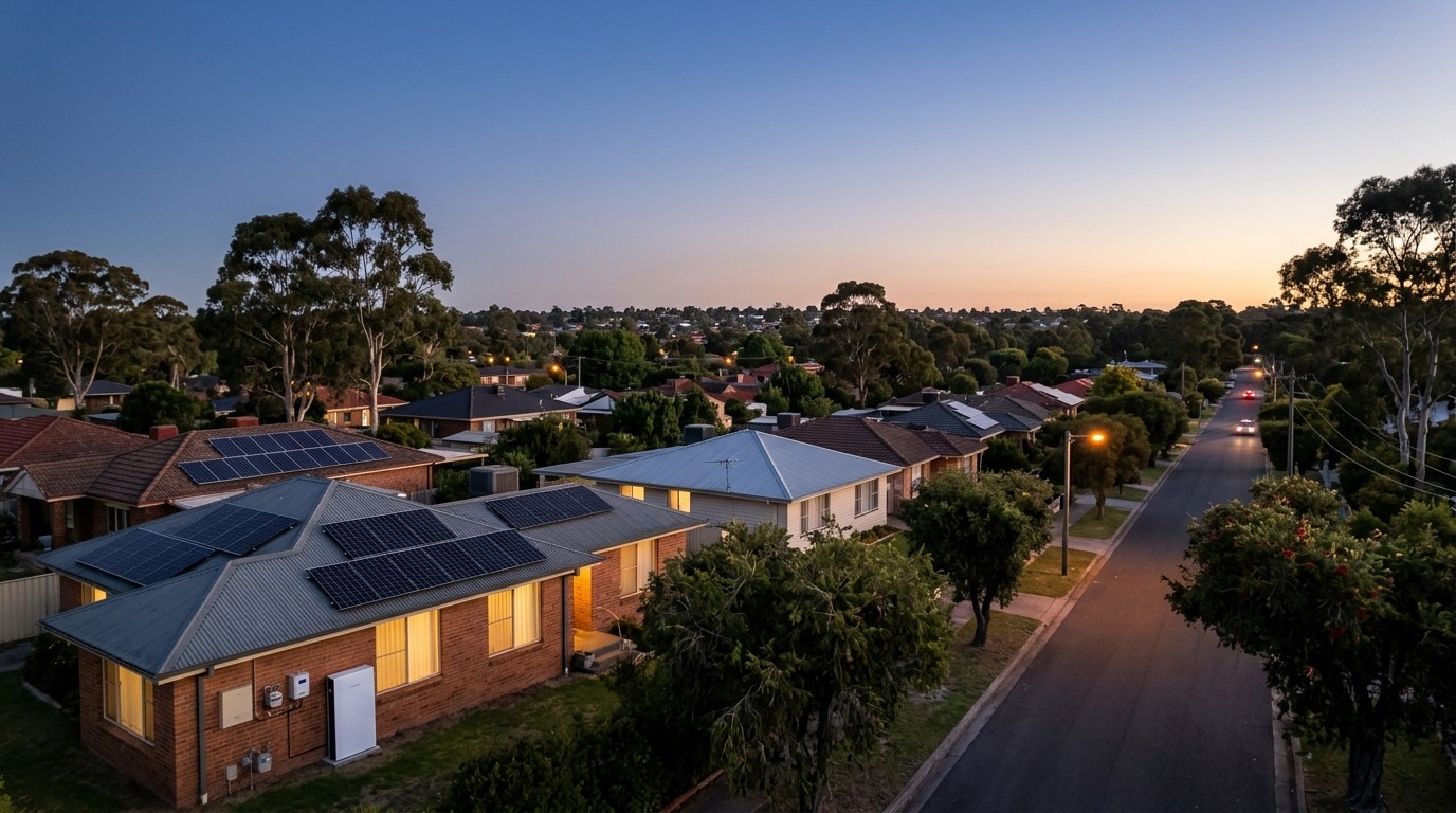 Australian suburban homes at dusk with rooftop solar and a wall-mounted battery, warm light in the windows