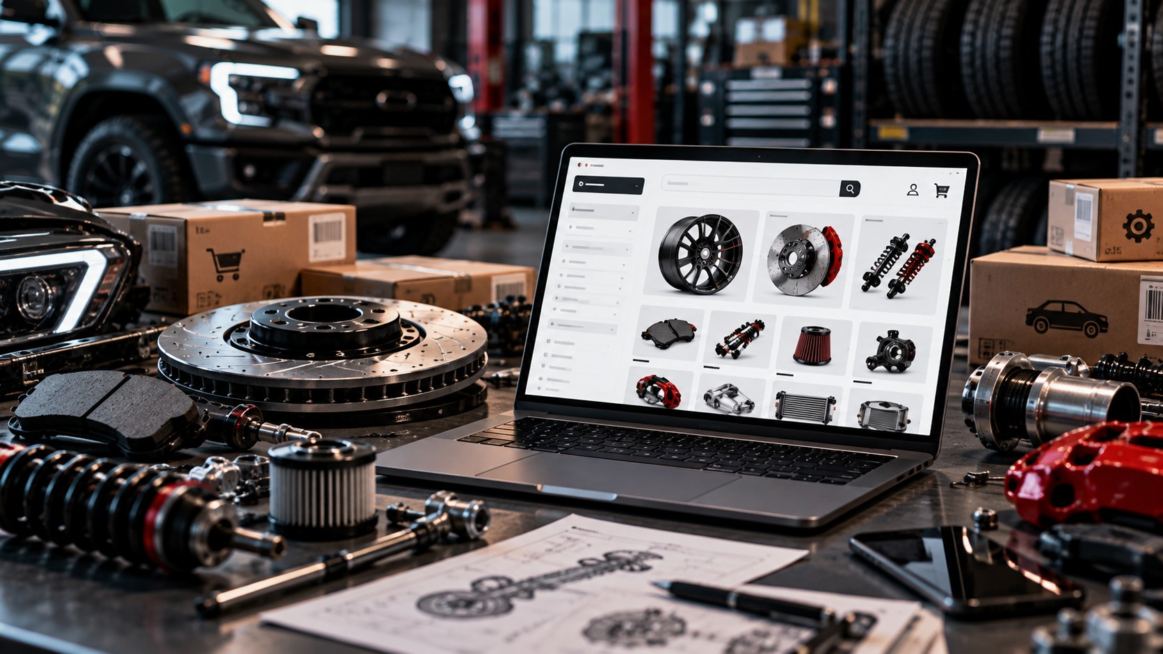 A laptop displaying an automotive parts website sits on a workshop workbench surrounded by car components and schematics.
