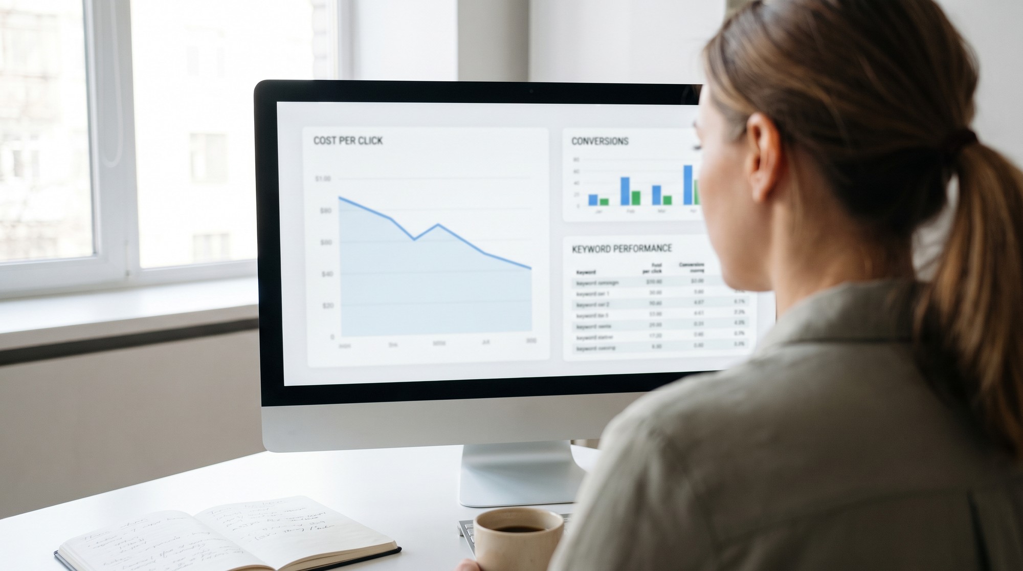 A marketing analyst reviewing a search advertising campaign performance dashboard on a desktop monitor in a modern office.