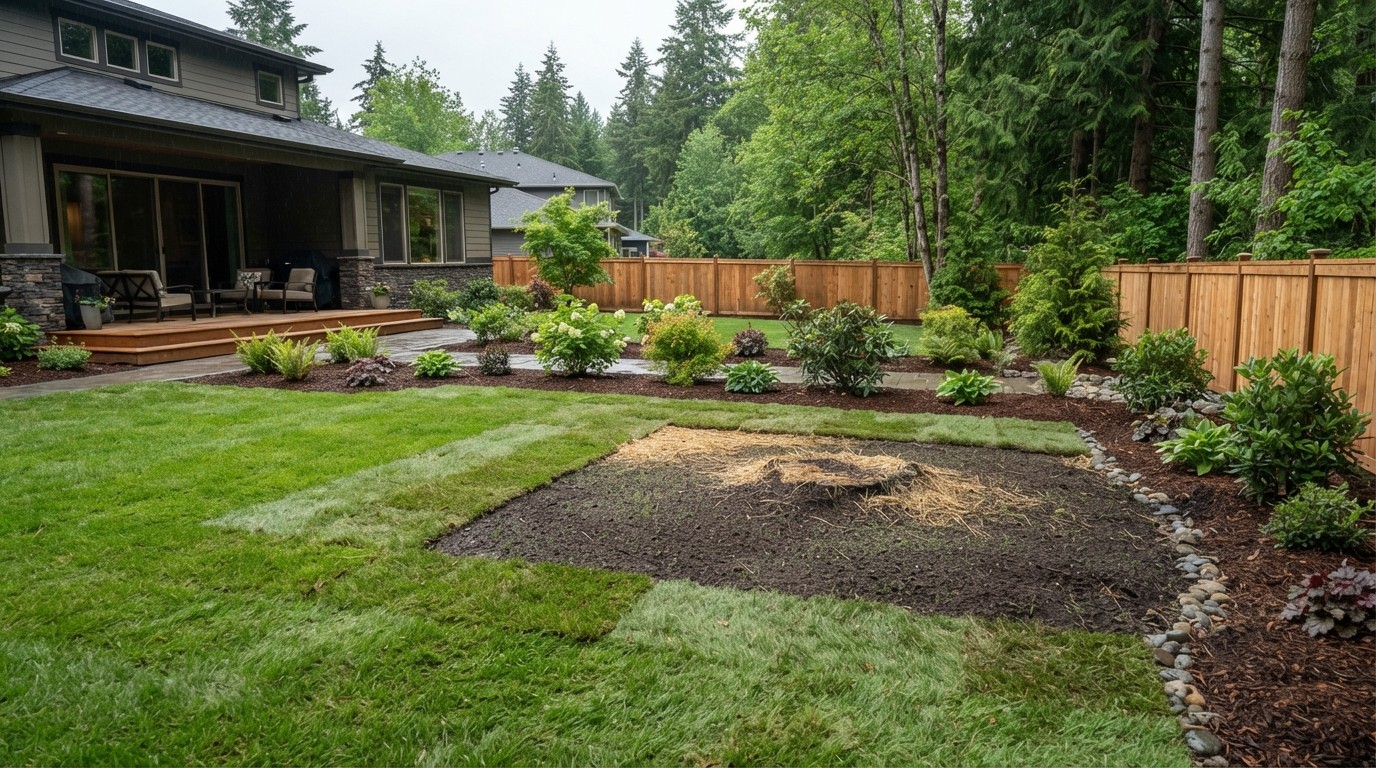 A restored residential yard after tree removal, showing new sod, fresh planting, and a leveled area where the stump was ground out.