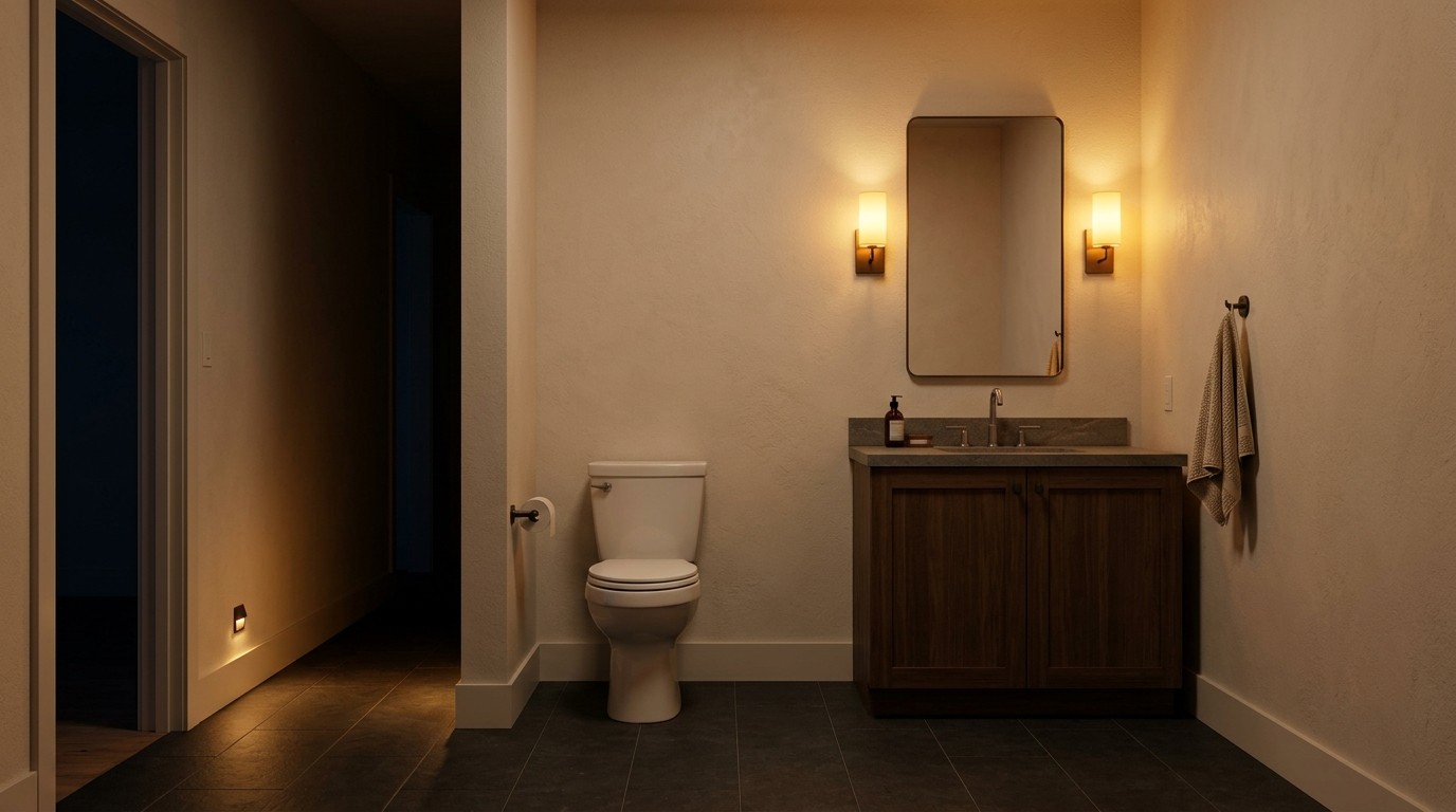 Bathroom at night with warm vanity sconces, soft floor-level night lighting, and clear uncluttered floor space