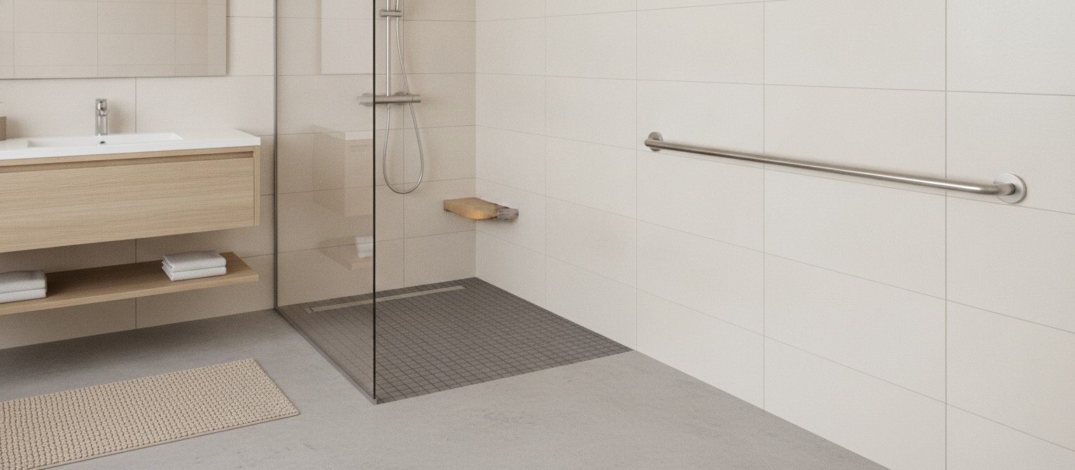 Accessible bathroom with grab bars, a walk-in shower, and a slip-resistant mat
