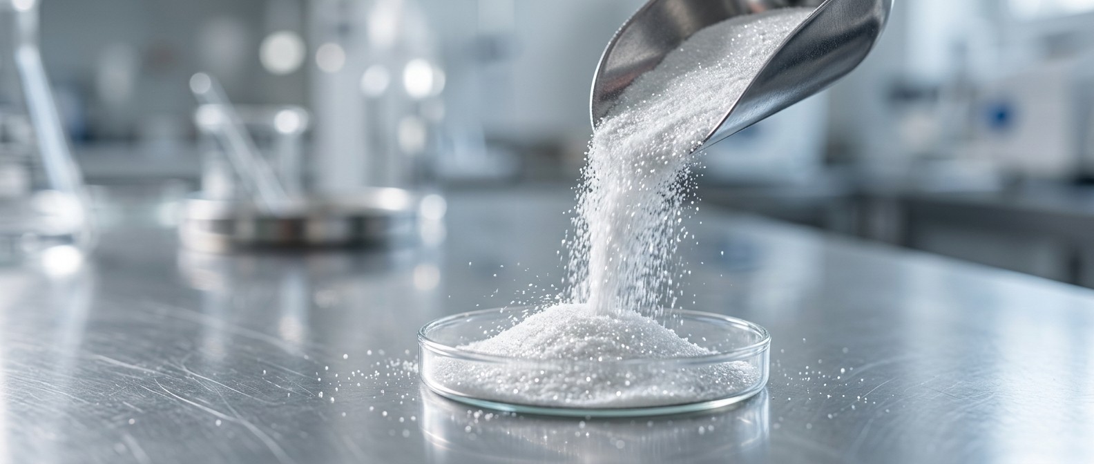 Fine white battery-grade lithium carbonate powder being poured into a glass dish on a laboratory bench