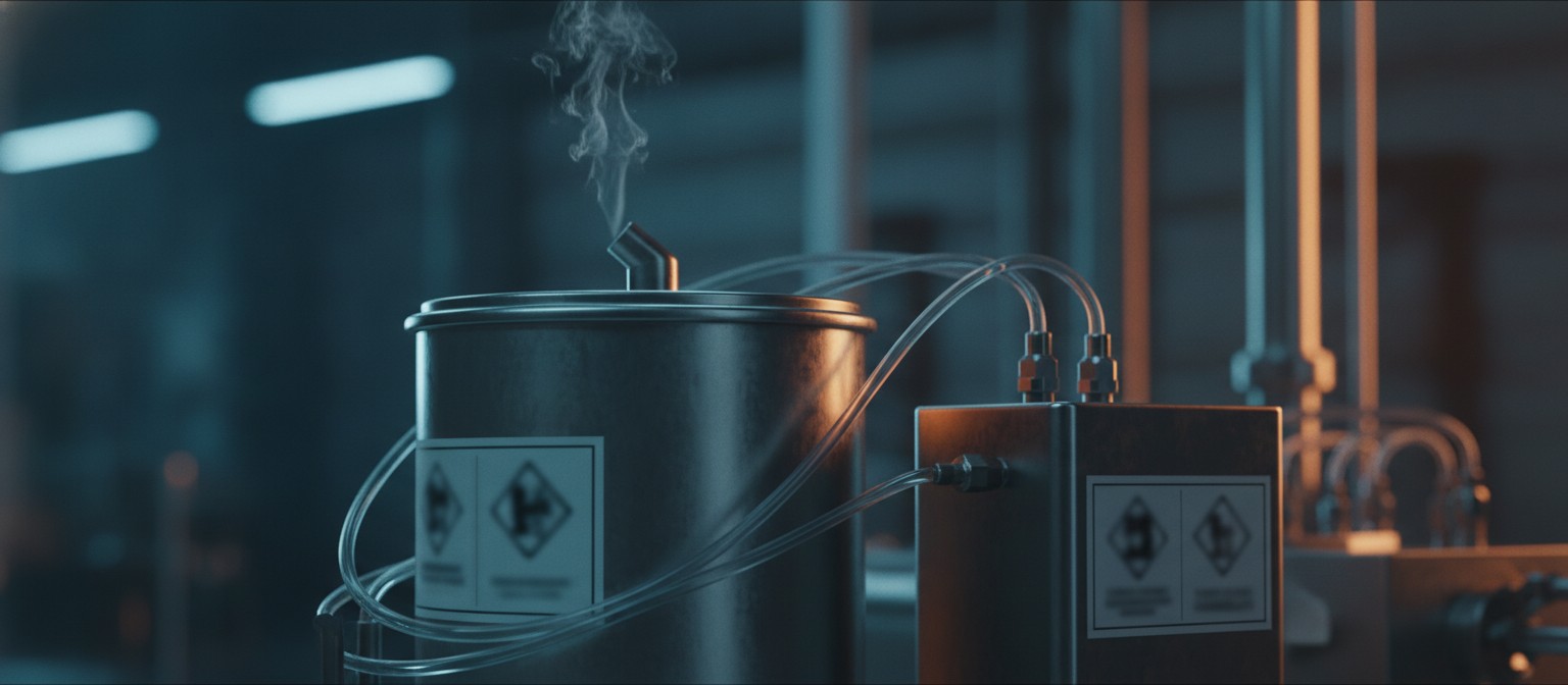 Industrial solvent handling equipment inside a lithium-ion battery manufacturing plant