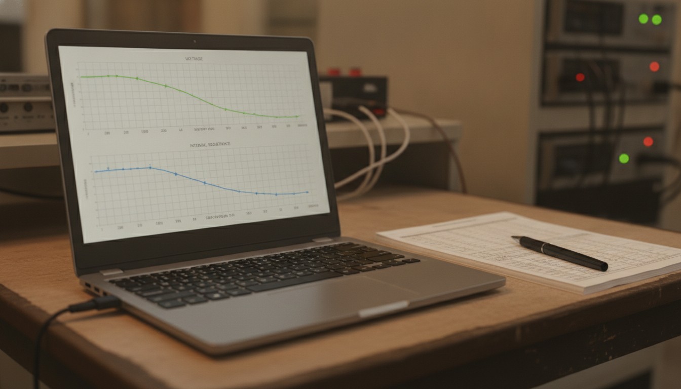 Battery condition monitoring dashboard with voltage and resistance trends shown on a laptop beside a maintenance log.