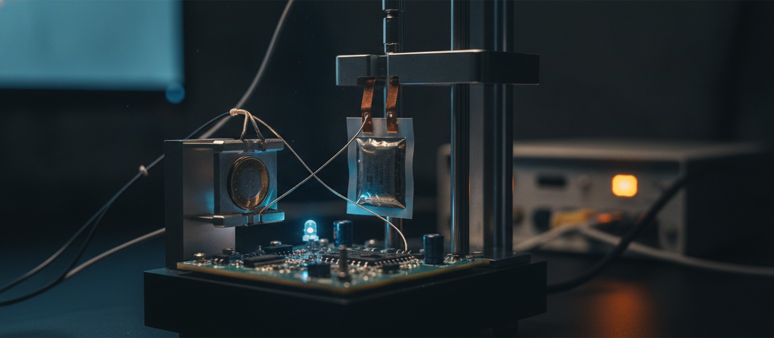 Lithium-ion test cells clamped in a battery cycling test rig in a laboratory