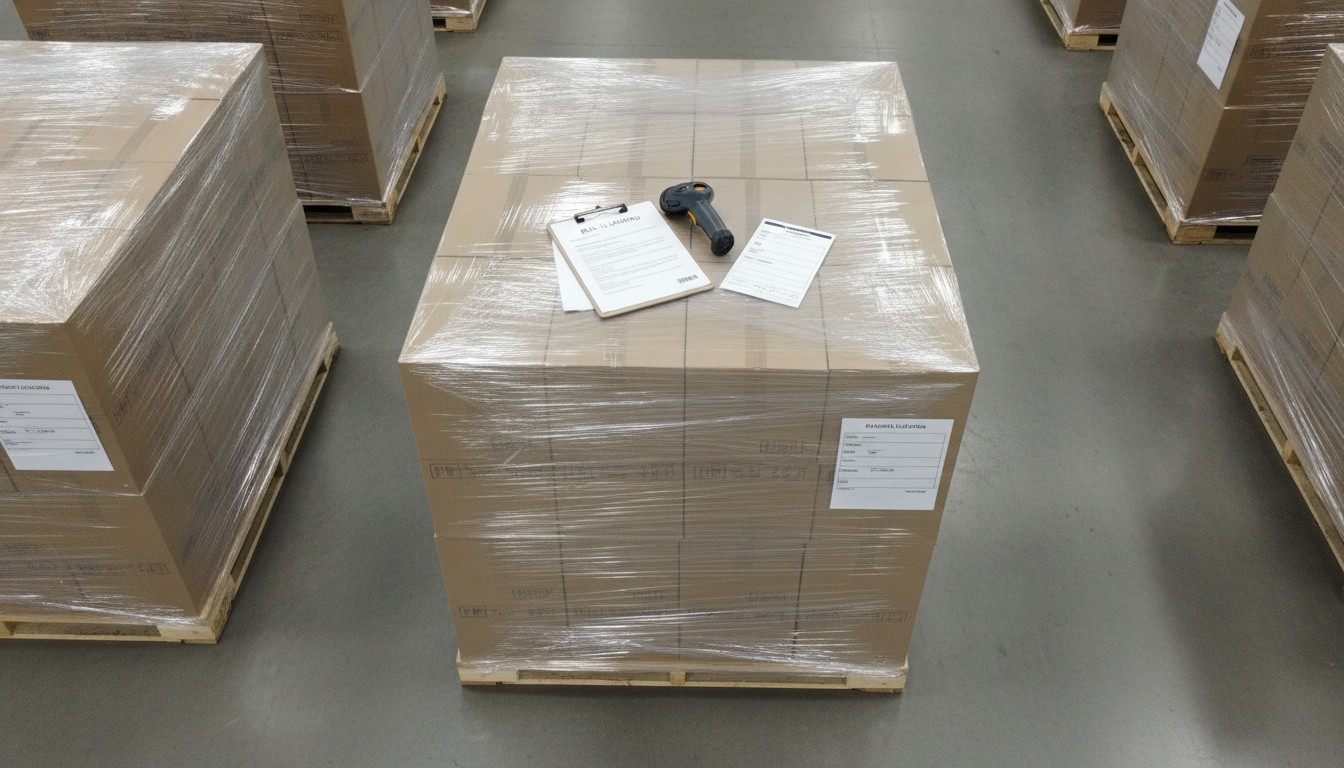 Bill of lading and barcode scanner on a shrink-wrapped pallet with shipping labels in a warehouse