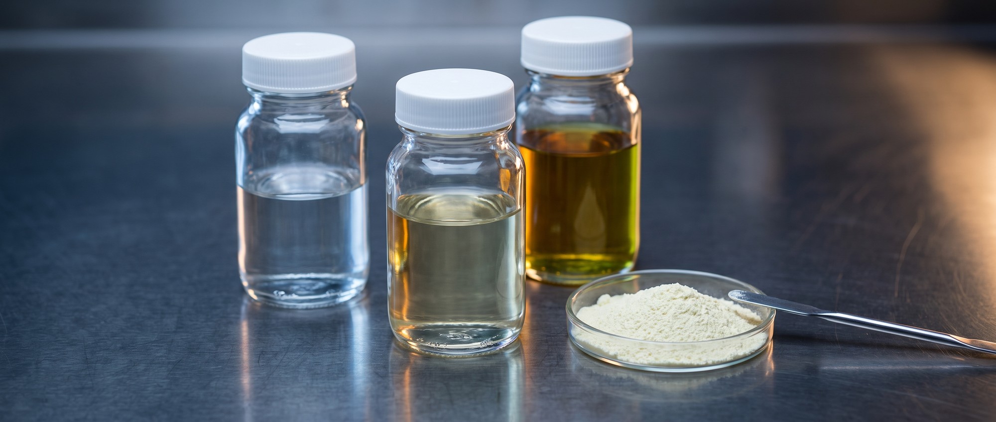 Glass jars of clear bio-derived solvents, one pale straw coloured and one colourless, on a laboratory bench beside perovskite precursor powder