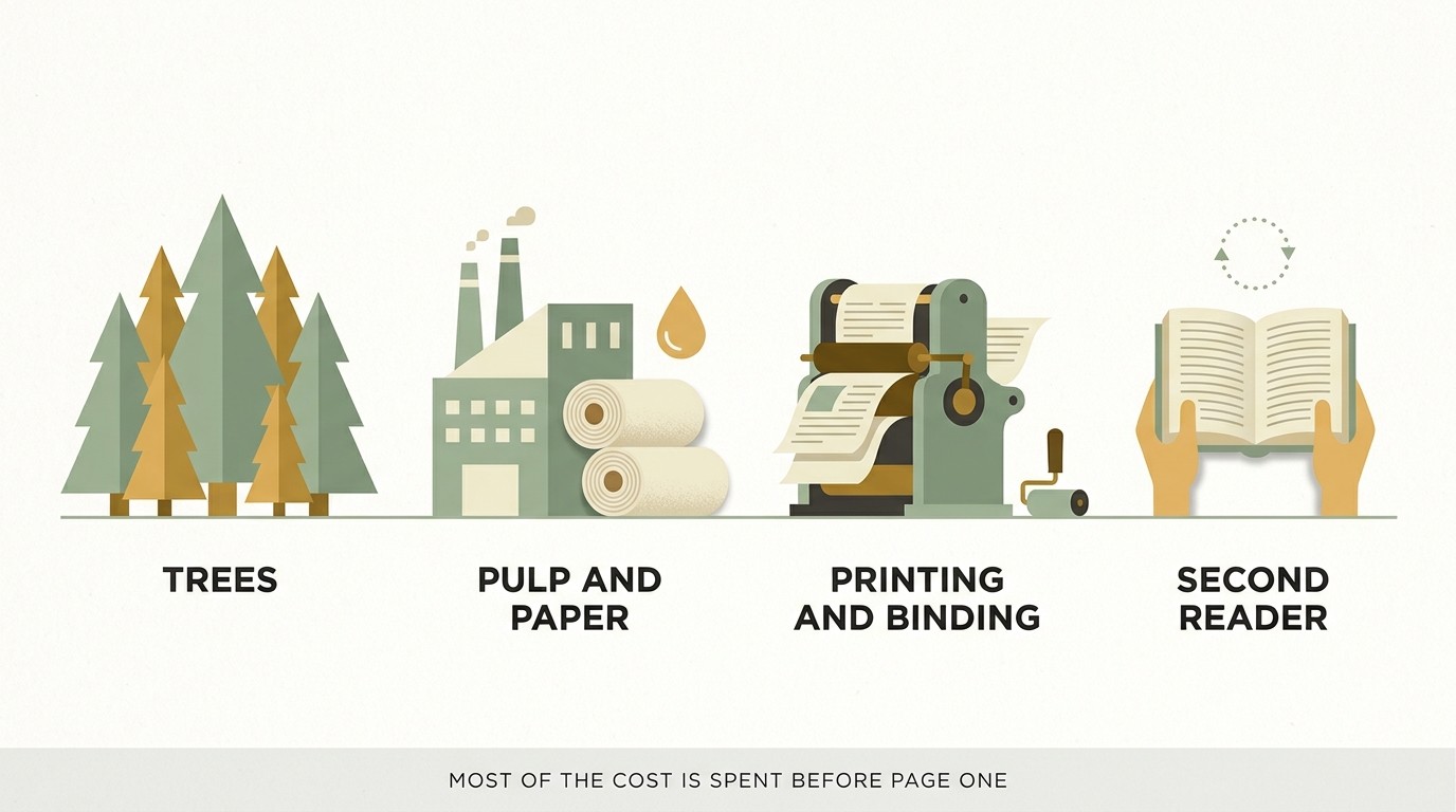 Infographic showing the four stages of a book's life cycle: trees, pulp and paper, printing and binding, then a second reader