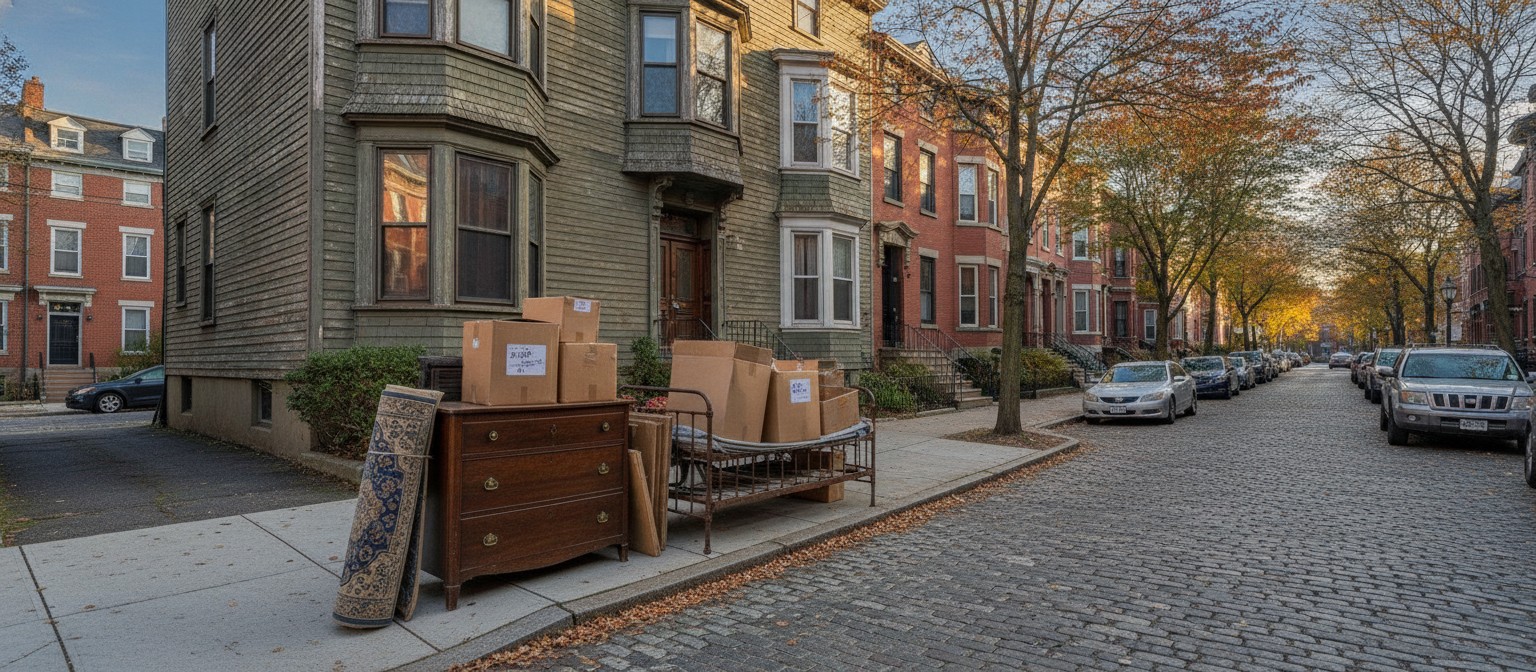 Preparing for a Smooth Junk Pickup in Boston: Staging, Access, and Item Restrictions That Save Time Neatly staged household junk and furniture on a Boston sidewalk outside a triple-decker building before a pickup