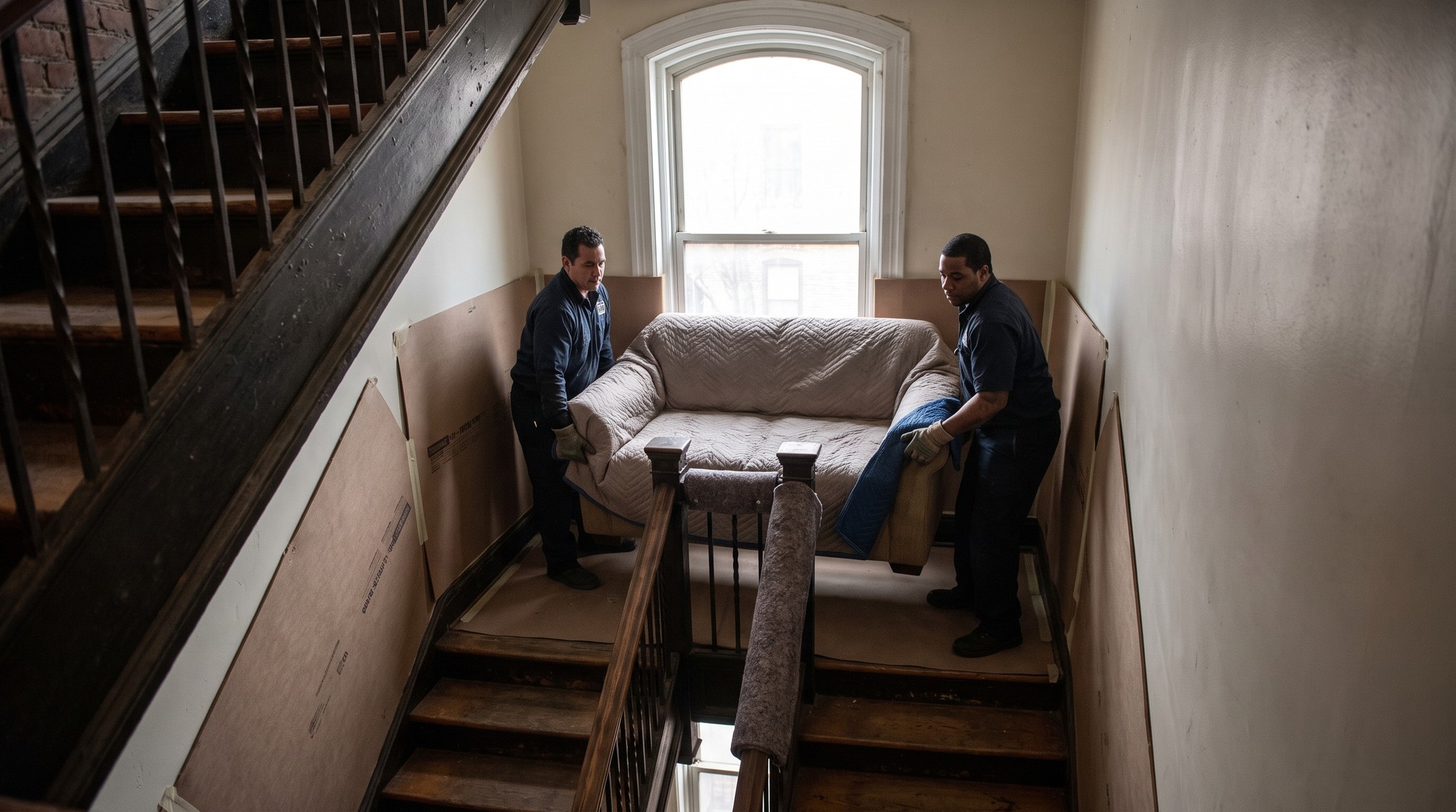 Two movers carrying a blanket-wrapped sofa down a tight stairwell in an old Boston walk-up building