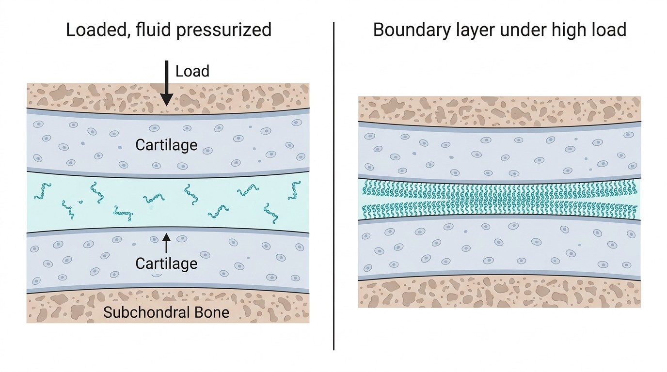 Diagram of boundary lubrication in a knee joint, showing hyaluronan molecules forming a protective film between two cartilage surfaces as fluid is squeezed out under load