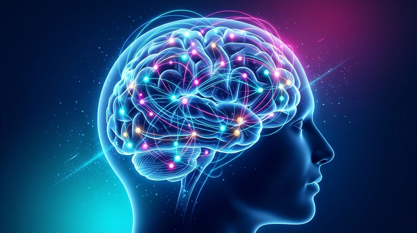 Visualization of resting-state brain connectivity, with glowing nodes and lines showing communication between brain regions.