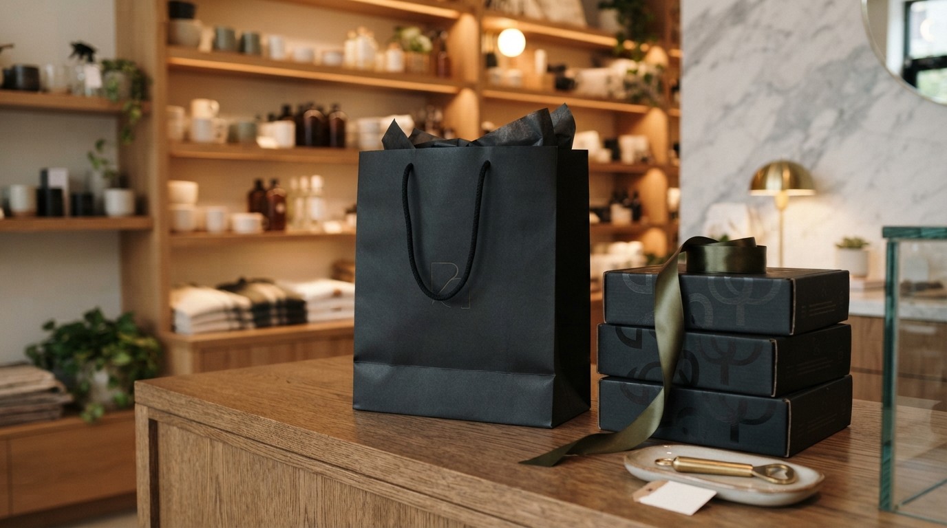 Branded paper shopping bag and printed mailer boxes on a boutique counter