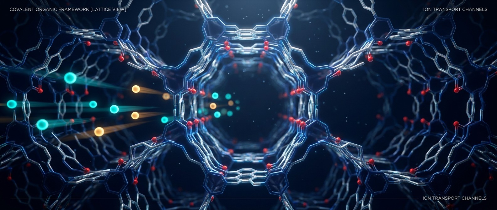Conceptual visualization of calcium ions flowing through the aligned porous channels of a covalent organic framework electrolyte