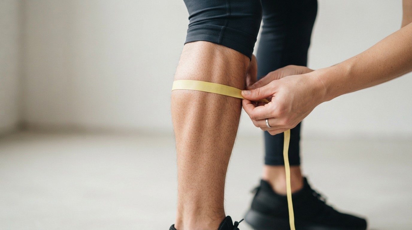 Hands measuring calf circumference with a flexible tape measure