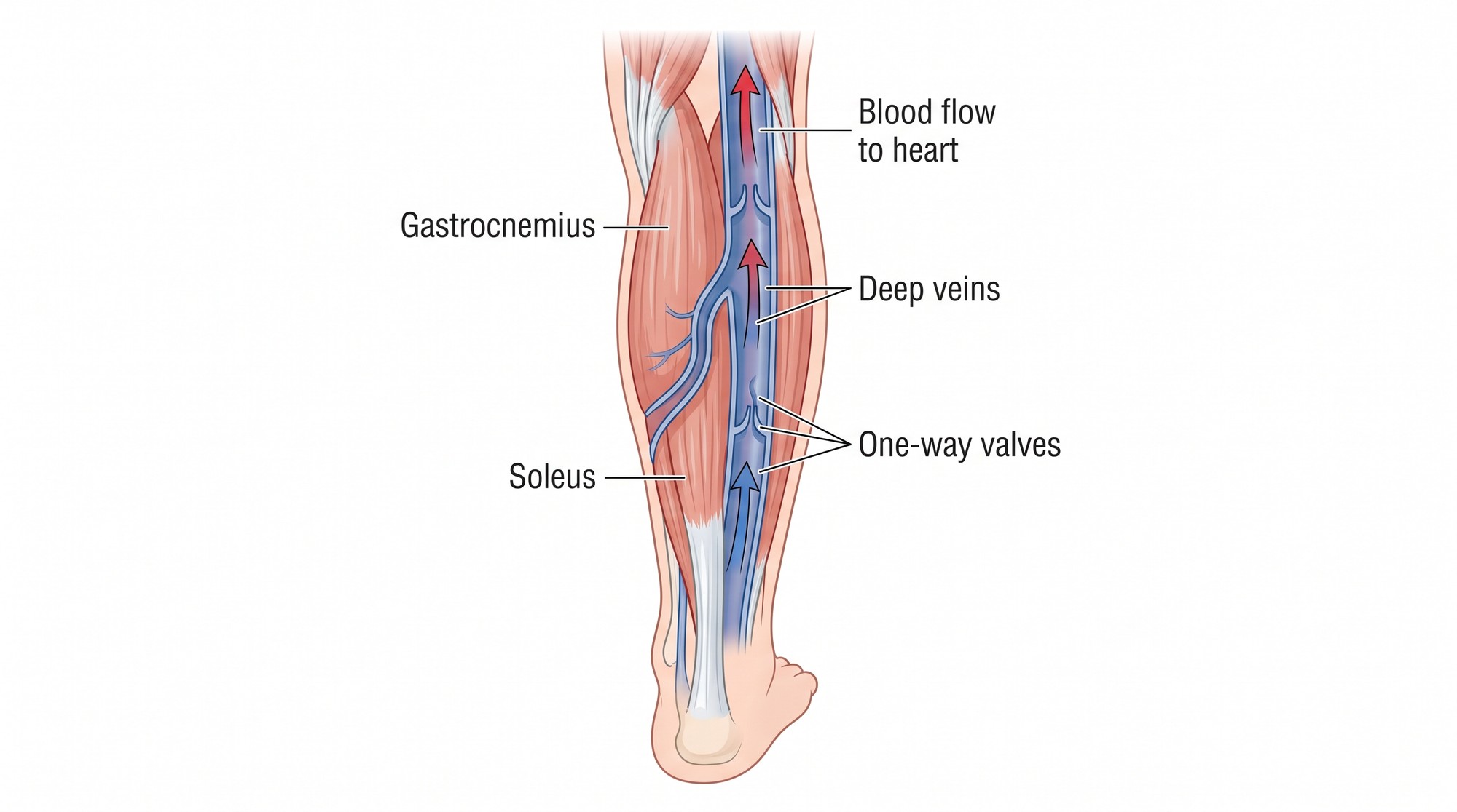 Anatomical diagram of the calf muscle pump showing the gastrocnemius, soleus, deep veins, one-way valves and upward blood flow to the heart