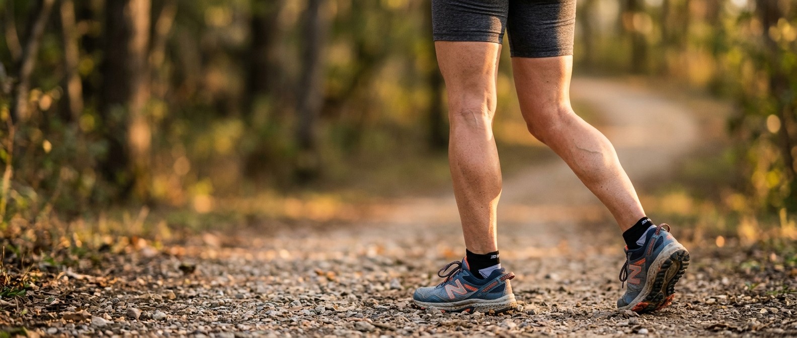 The Calf Muscle Pump: Why Your Legs Hold a Hidden ‘Second Heart’ Close-up of toned calf muscles on a person walking outdoors in golden-hour light
