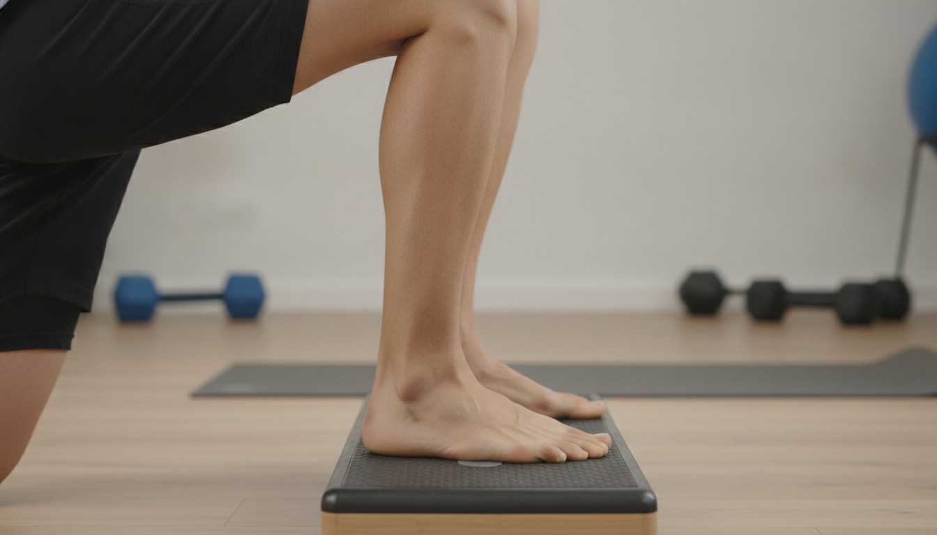 Person performing a controlled calf raise with heels lowered off a step