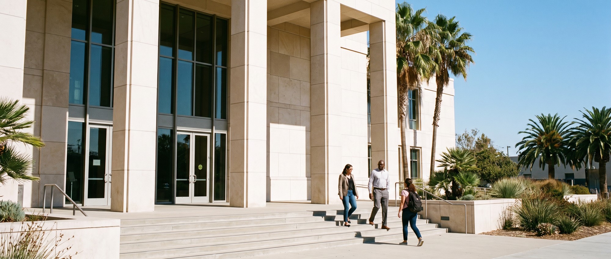 Exterior of a California courthouse with people walking toward the entrance steps