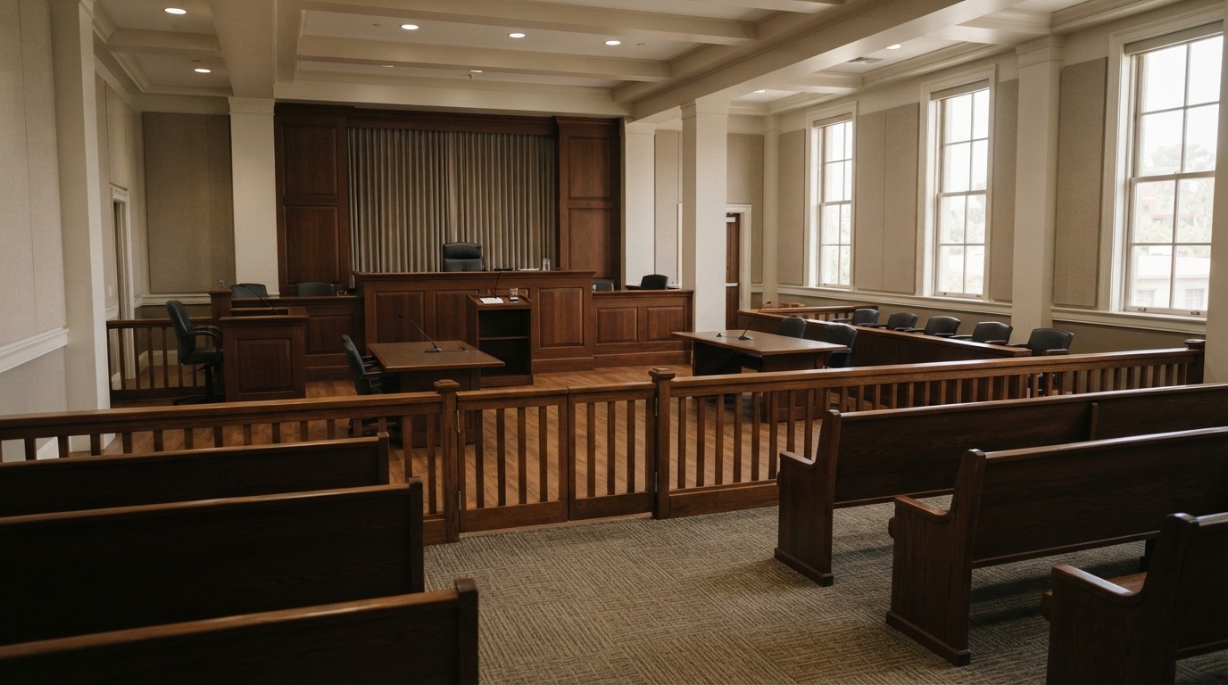 Interior of an empty California courtroom showing the judge's bench and gallery seating