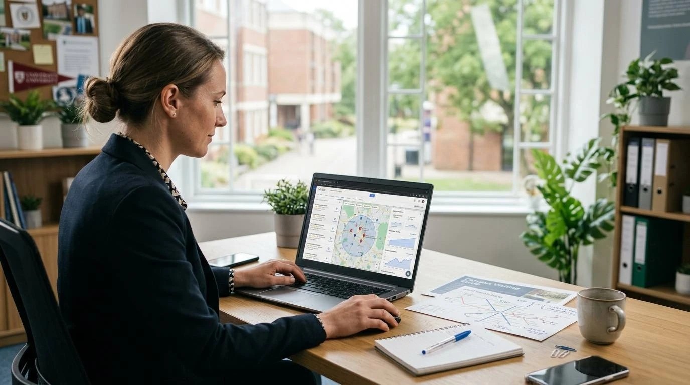 A woman checking a map-based campus locator and a campus visiting guide on her laptop