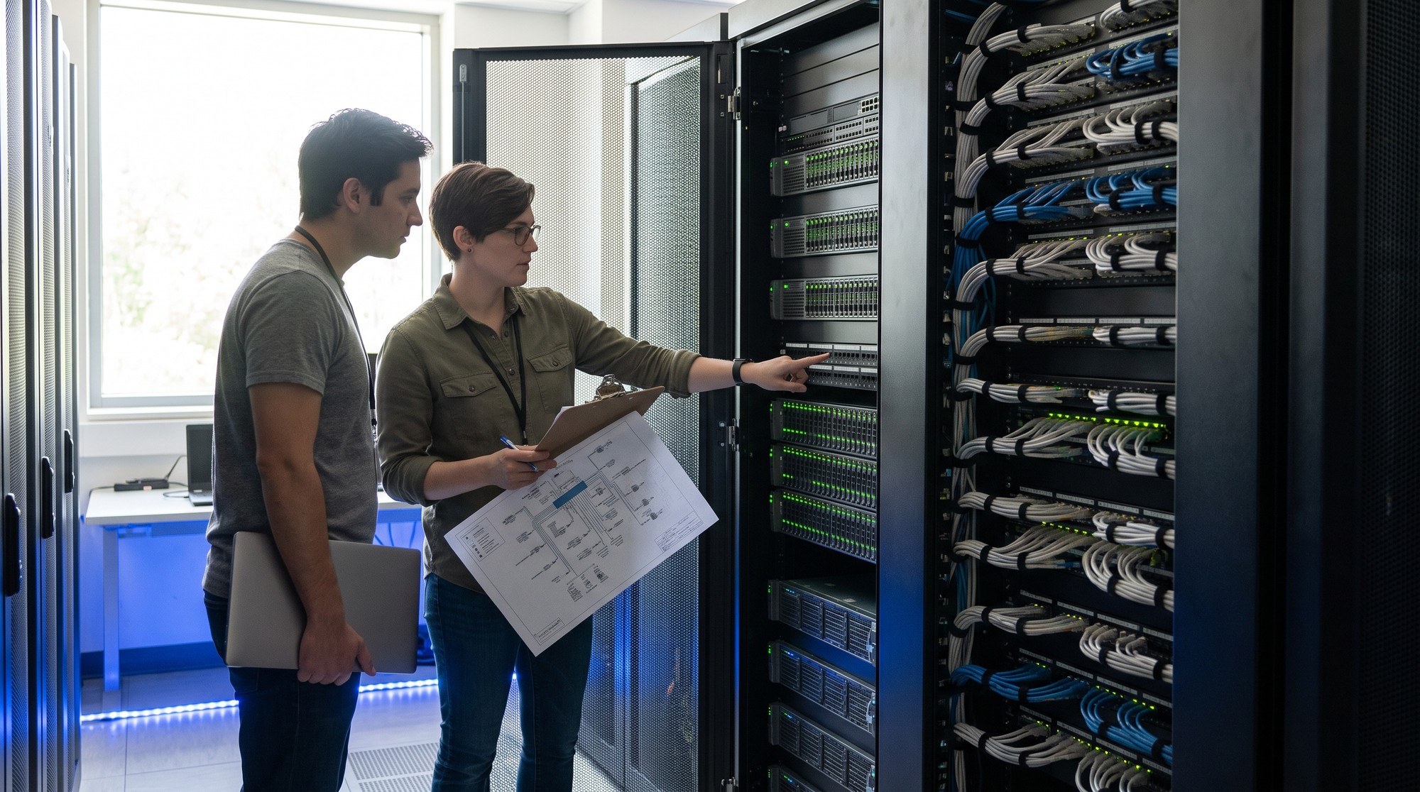Two network administrators reviewing a network diagram beside an open rack of switches in a campus IT room.