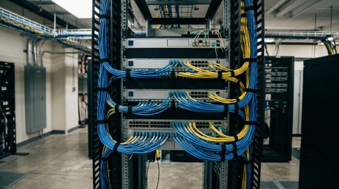 campus-network-switch-rack Rack-mounted campus network switches with patch cabling and blinking status lights in a communications room.