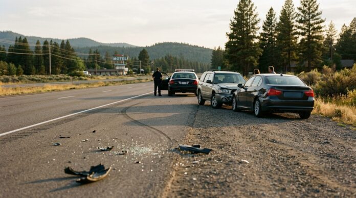 car-accident-vacation-roadside Two damaged cars pulled onto the shoulder of a rural highway after a collision, with a police vehicle parked behind them