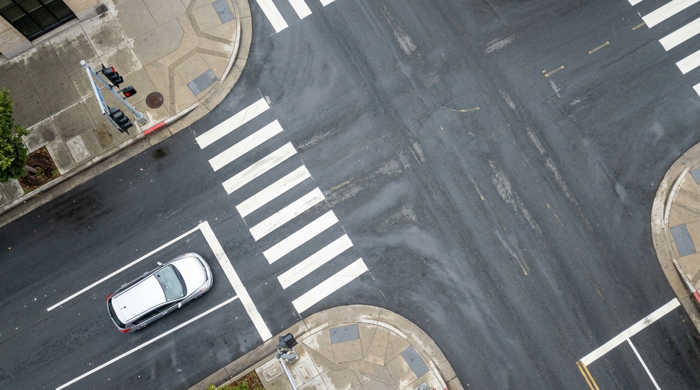 Overhead conceptual view of a car stopped behind a white stop line and crosswalk at a red light