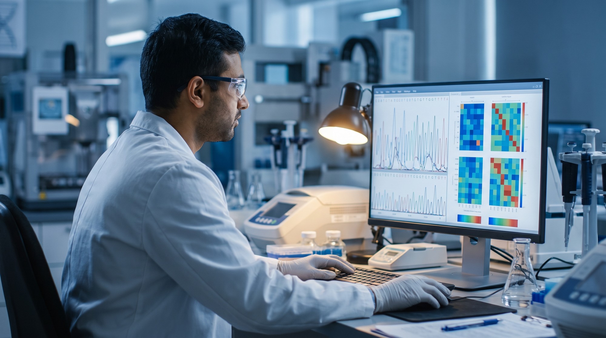 A genetics laboratory technologist reviewing sequencing results on a monitor beside laboratory instruments