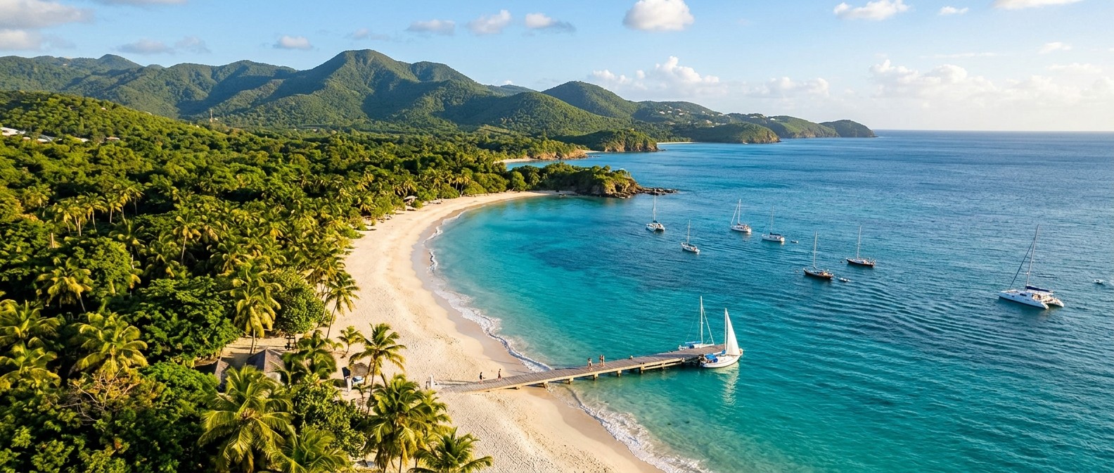 Aerial view of a lush Caribbean island coastline with turquoise water and palm trees