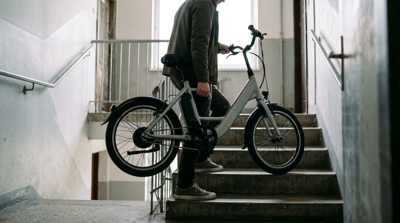 A person carrying a light, unbranded electric bicycle down an apartment stairwell.