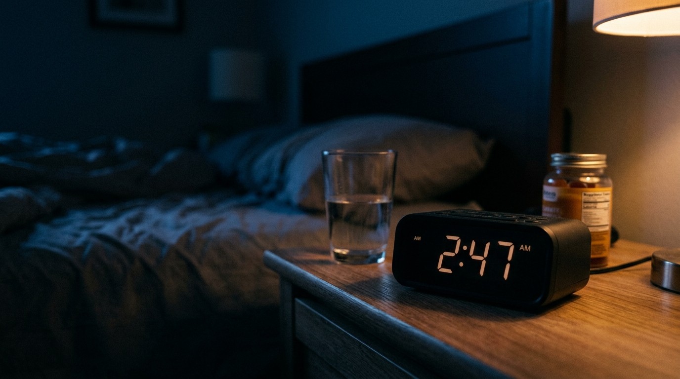 A dim bedroom at night with an alarm clock reading 2:47 beside a glass of water and a jar of gummies
