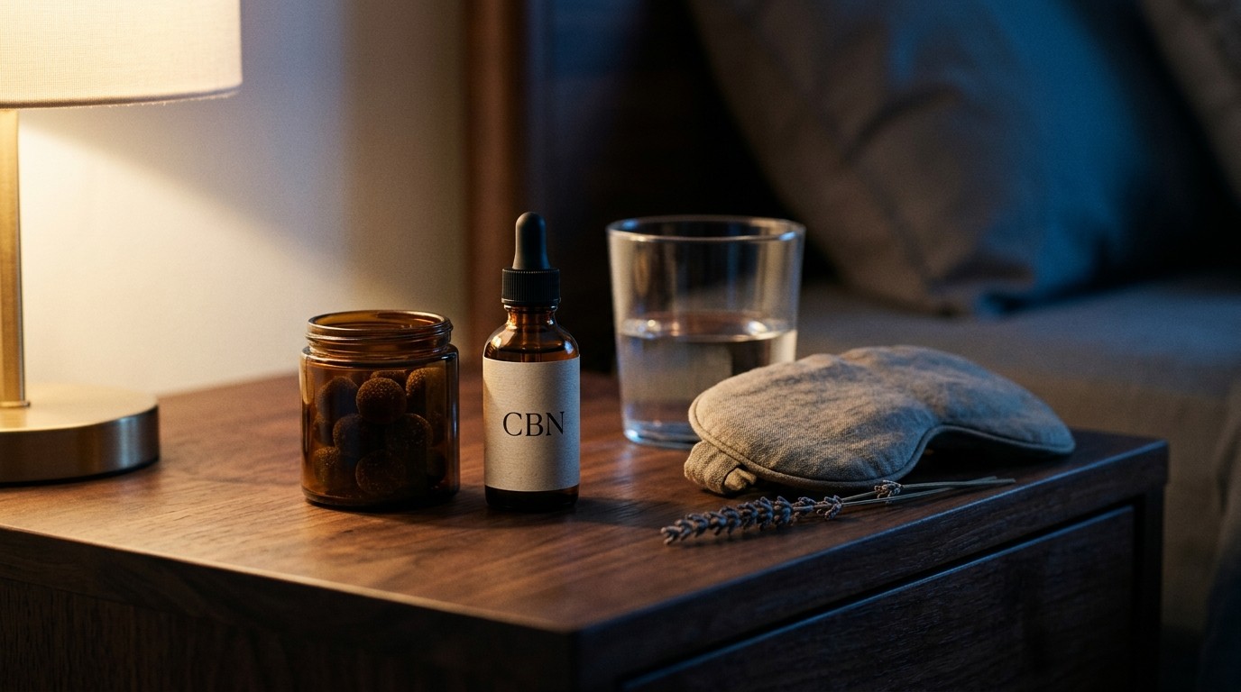 A jar of CBN sleep gummies and a CBN dropper bottle on a nightstand with a glass of water, sleep mask, and lavender
