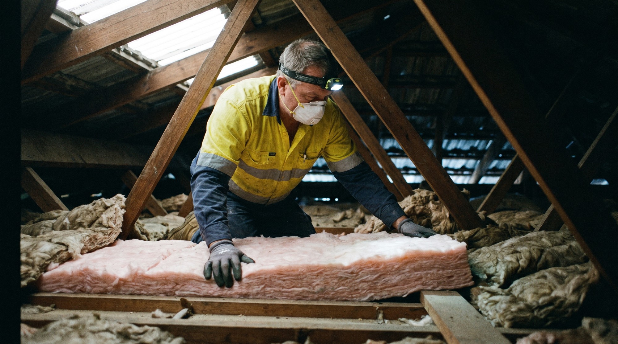 An installer fitting ceiling insulation batts between timber joists in a roof space.