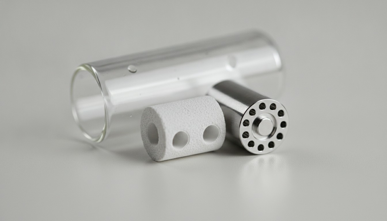 Macro close-up of a vape cartridge showing a porous ceramic coil and wicking ports