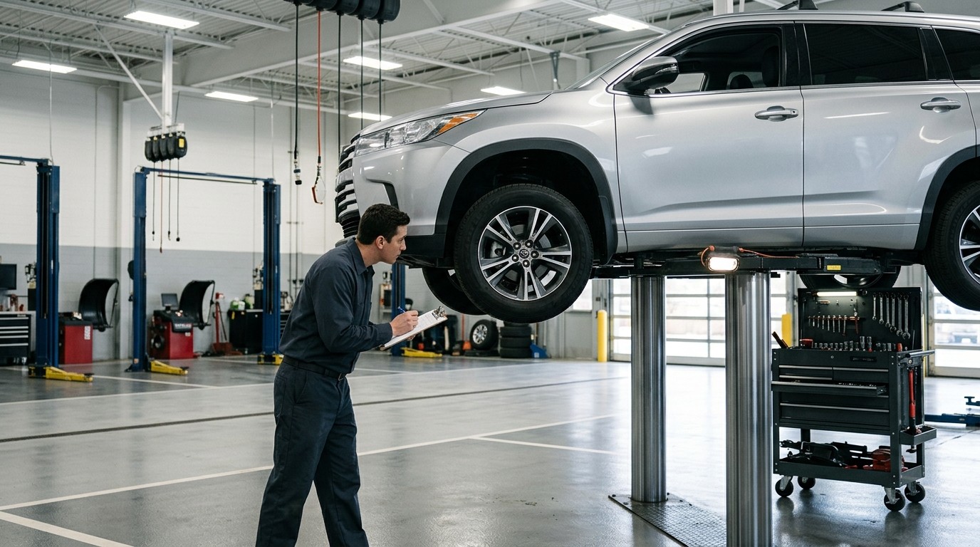 Technician inspecting a certified pre-owned SUV on a lift in a dealership service bay