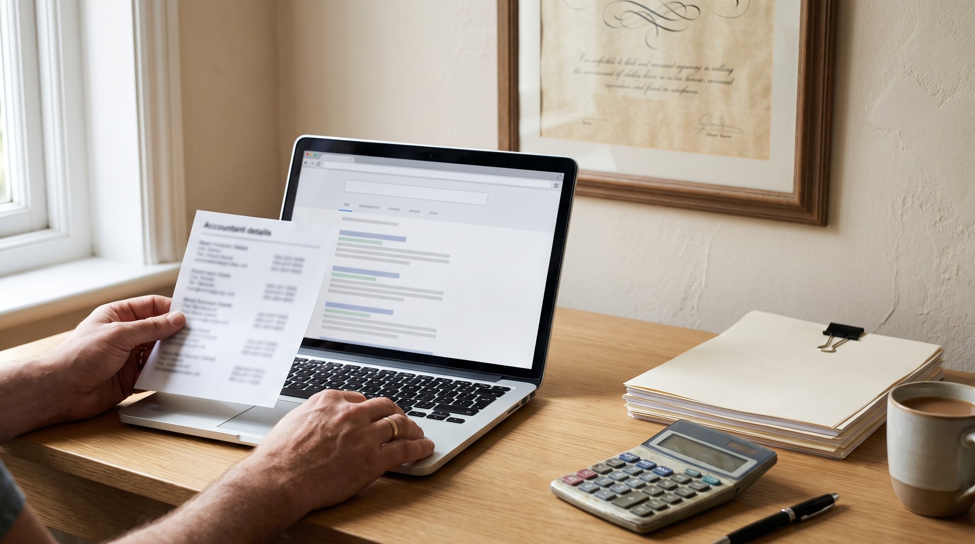 Hands at a desk holding an accountant's details beside a laptop showing a professional register search, with a framed qualification certificate on the wall behind.