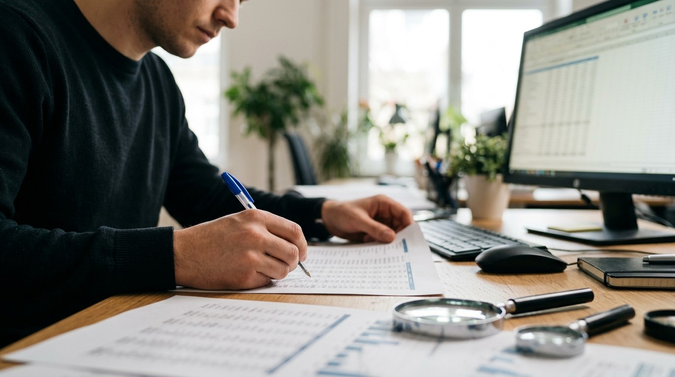 Person checking figures on a computer screen against a printed document with a magnifying glass on the desk