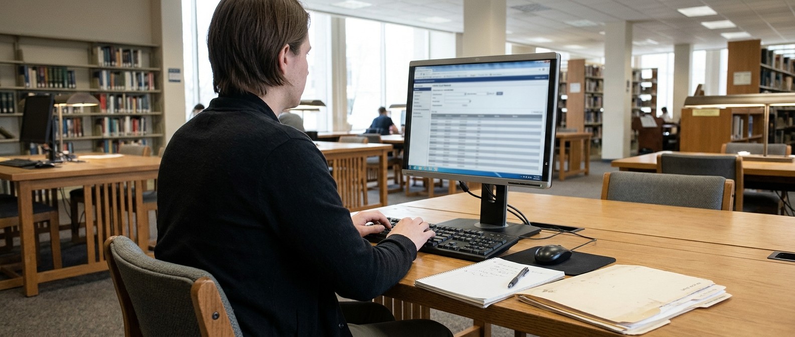 A person at a library computer terminal reviewing a blurred online court record table