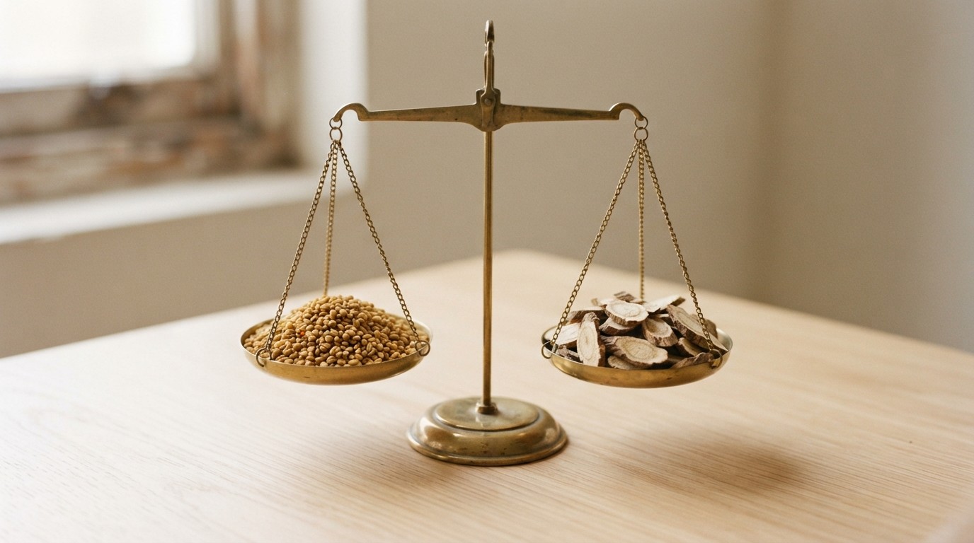 A brass balance scale with fenugreek seeds on one side and tongkat ali root on the other