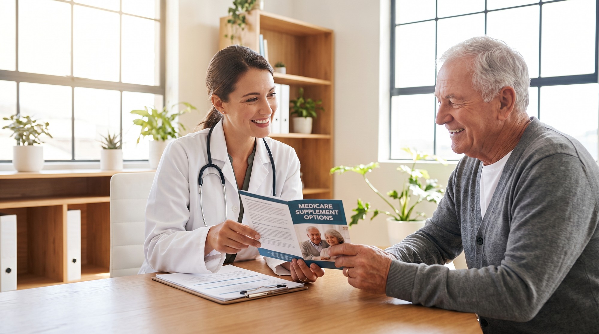 Doctor explaining Medicare Supplement coverage options to a senior patient in a clinic